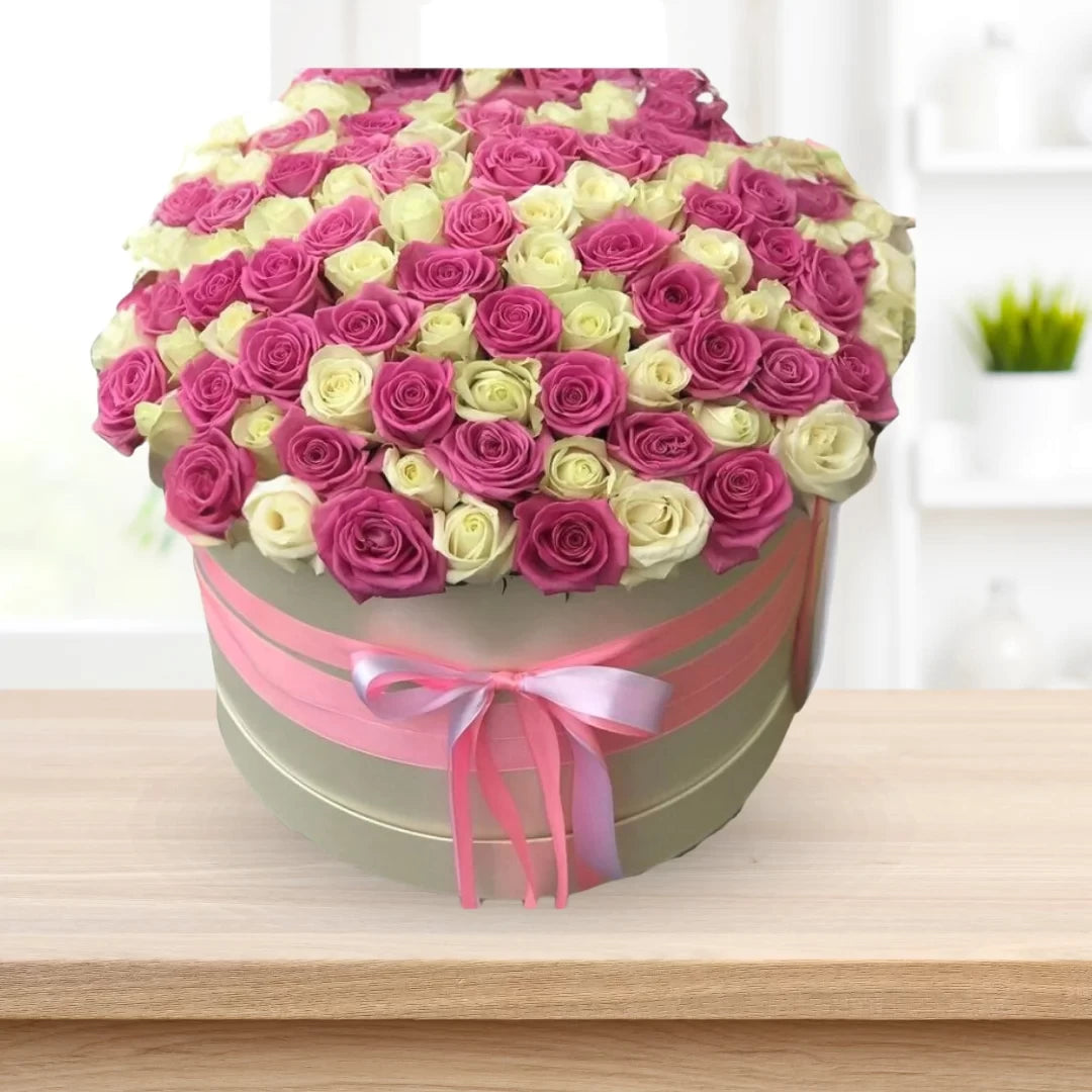 Pink and White Rosed Round Box Gift