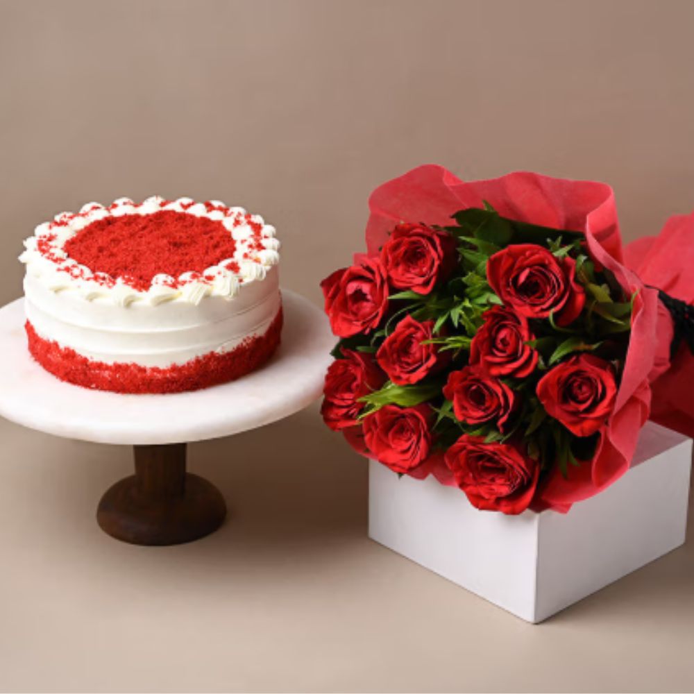 10 Red Rose with Half Kg Red Velvet Cake