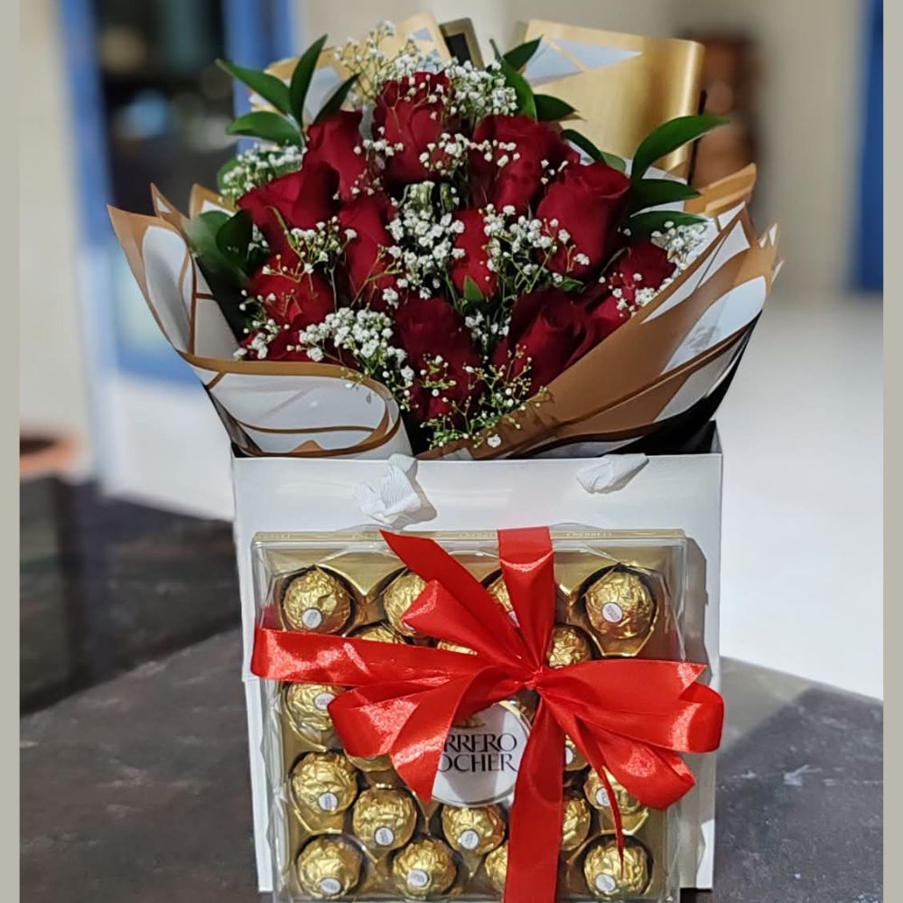 15 Red Rose Bouquet with 300gm Ferrero Rocher