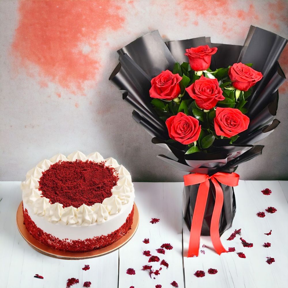 6 Red Rose Valentine Bouquet with 500 Red Velvet Premium Cake